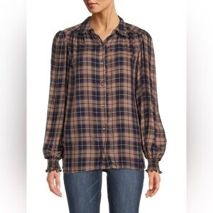 Max Studio Women's Button Down Plaid Shirt Size M Navy brown balloon sleeve